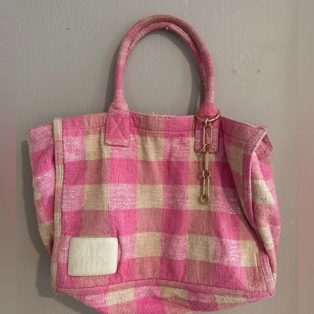 $450 SANDRO Kasbah gingham print cotton‎ tote bag shoulder bag pink cream white - Picture 7 of 10
